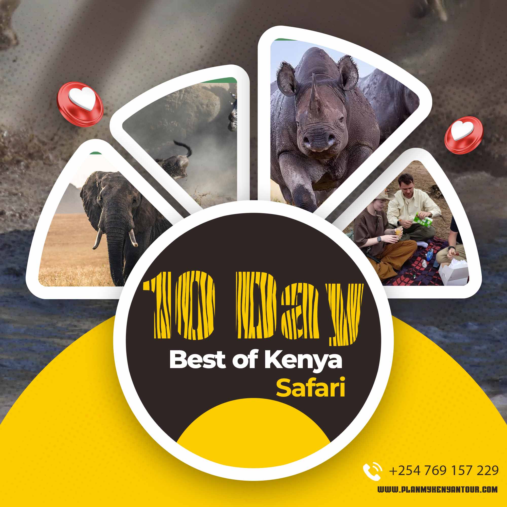 10-Day Best of Kenya Safari poster with rhino, elephant, migration and safari picnic photographs