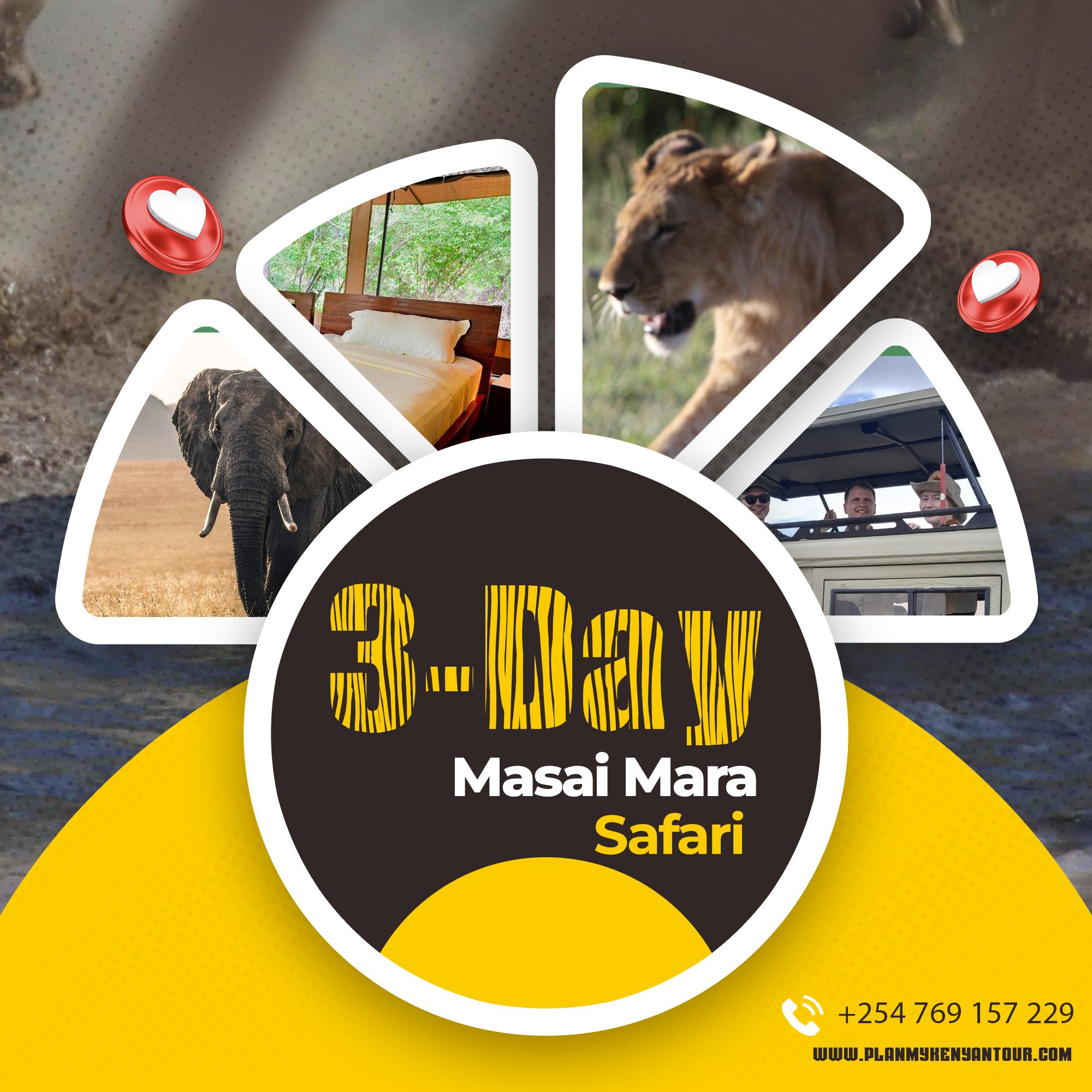 3 Day Masai Mara Safari poster featuring wildlife, camp accommodation and safari guests