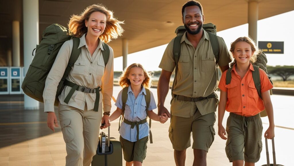 a family arriving in Kenya on a safari