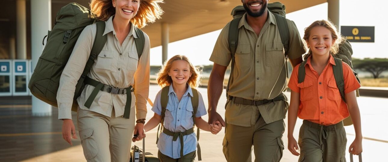 a family arriving in Kenya on a safari