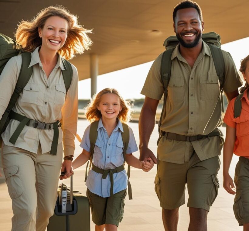 a family arriving in Kenya on a safari