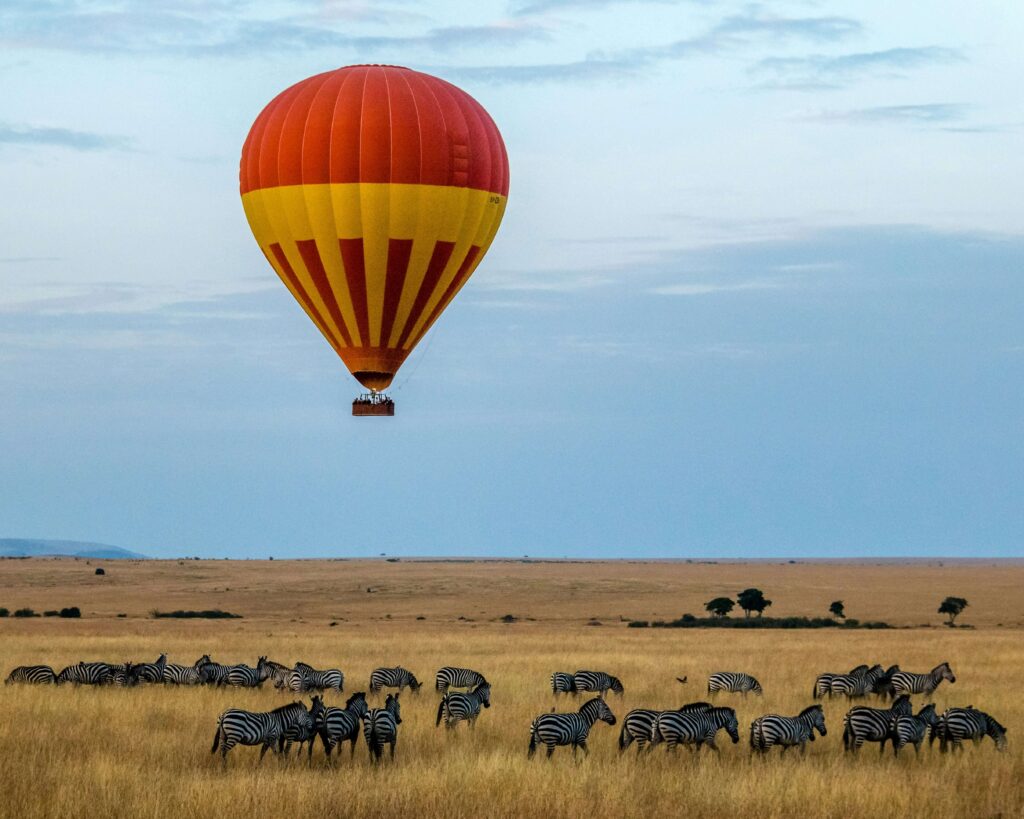 Luxury hot air balloon safari over the Maasai Mara, Kenya, with zebras grazing across the savannah below.