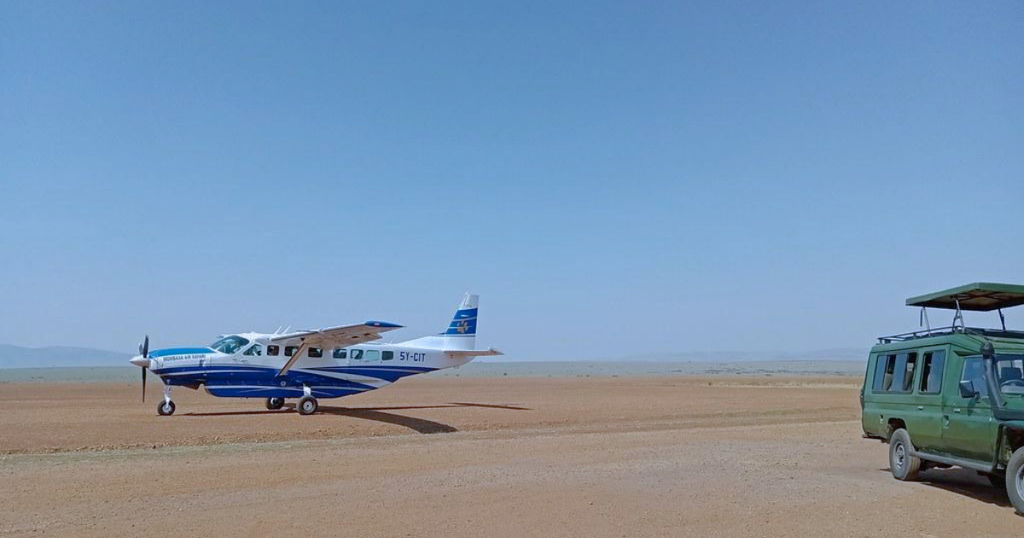 Safari aircraft at a Masai Mara airstrip in Kenya